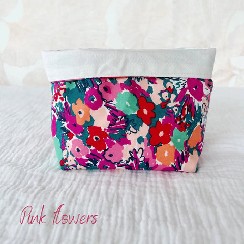 Small Fabric Basket - Pink Flowers / Υφασμάτινο καλάθι αποθήκευσης - ροζ φλοράλ