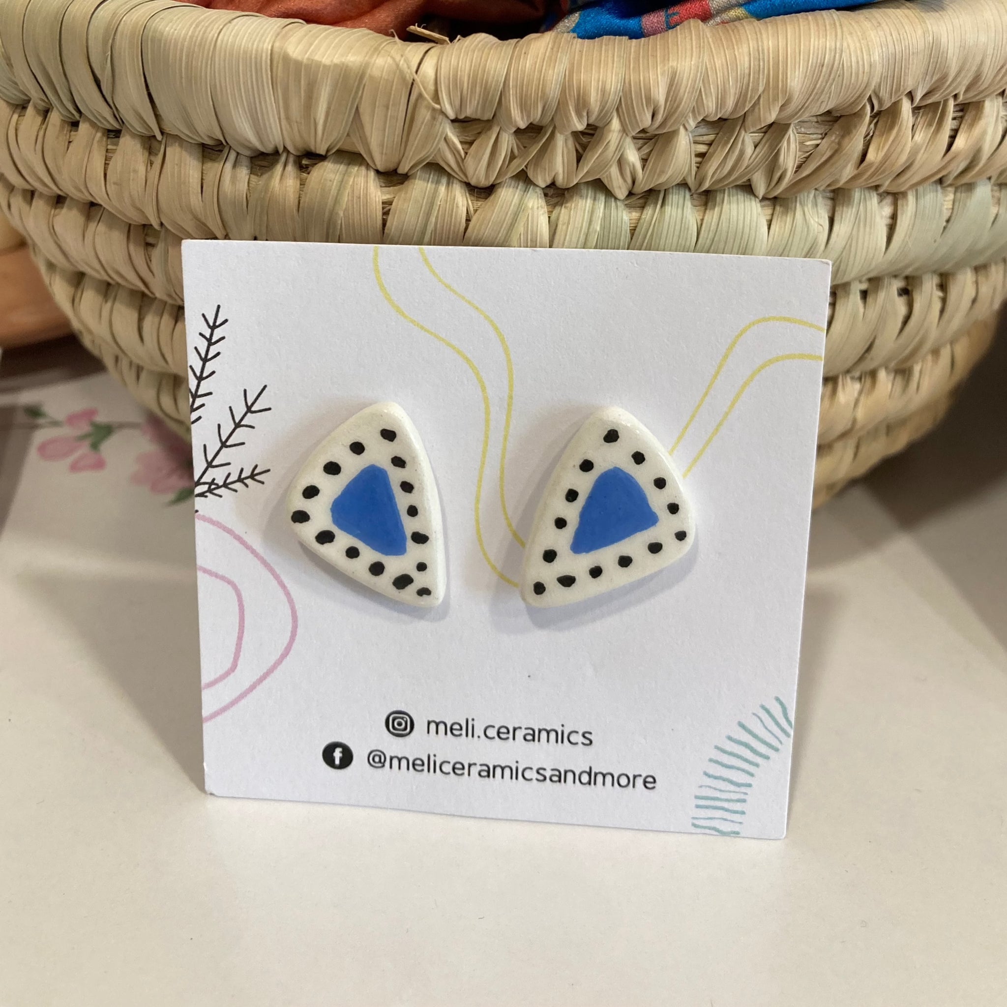Ceramic stud earrings - Black dots & blue / Κεραμικά καρφωτά σκουλαρίκια - Μαύρες κουκκίδες & μπλε