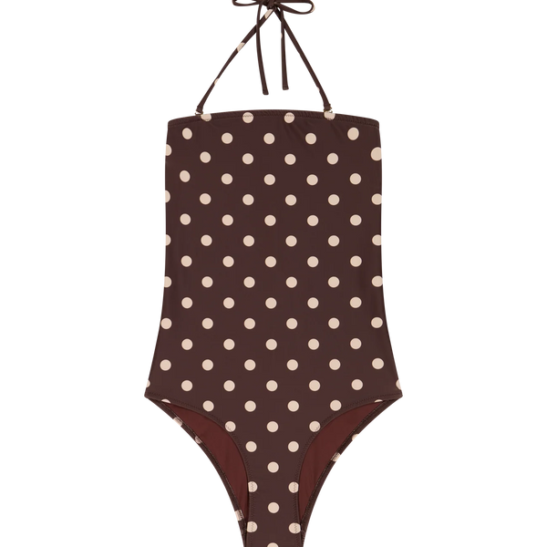 One-Piece Strapless Swimsuit  / Ολόσωμο μαγιό χωρίς τιράντες - Brown Polka Dots