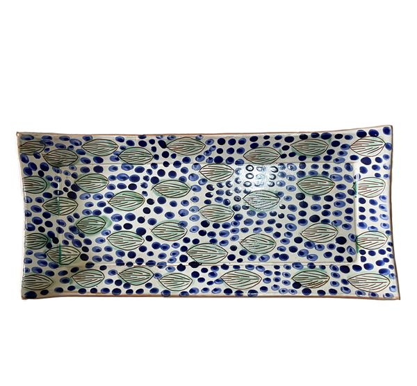Hakeem Cake Dish Leaves and Blue Dots/ Πιατέλα για κέικ Hakeem Φύλλα και μπλε κουκκίδες