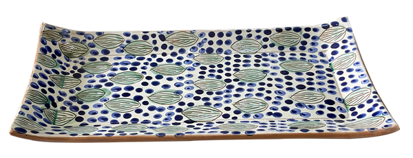 Hakeem Cake Dish Leaves and Blue Dots/ Πιατέλα για κέικ Hakeem Φύλλα και μπλε κουκκίδες