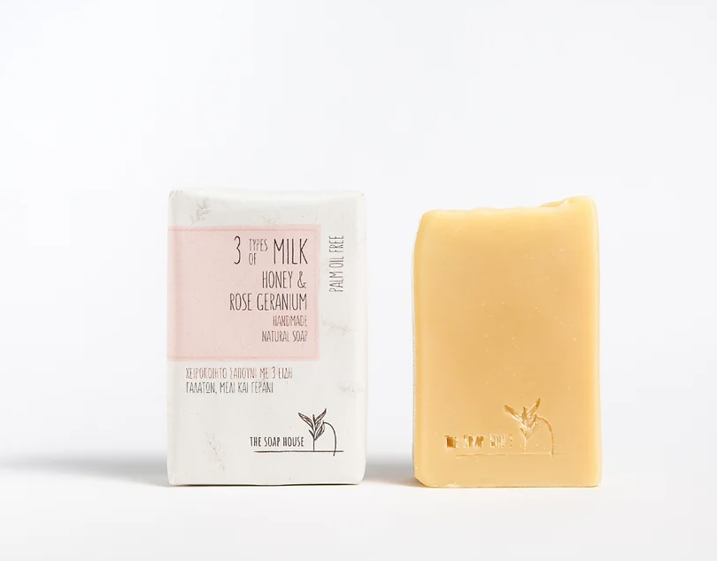 Natural soap with 3 Kinds of Milk, Honey, Geranium & Sandalwood / Φυσικό σαπούνι με 3 Είδη Γάλακτος, Μέλι, Γεράνι & Σανδαλόξυλο