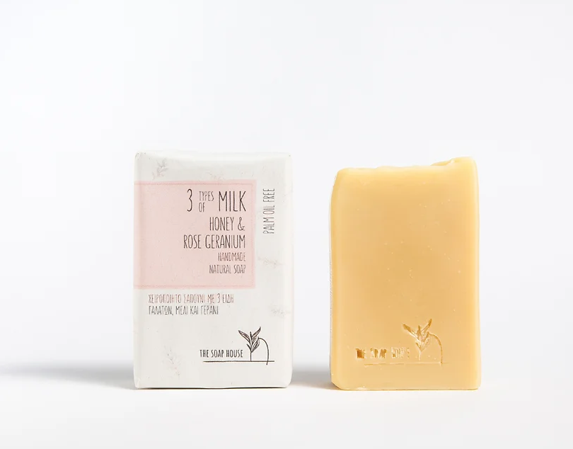 Natural soap with 3 Kinds of Milk, Honey, Geranium & Sandalwood / Φυσικό σαπούνι με 3 Είδη Γάλακτος, Μέλι, Γεράνι & Σανδαλόξυλο - 110 gr