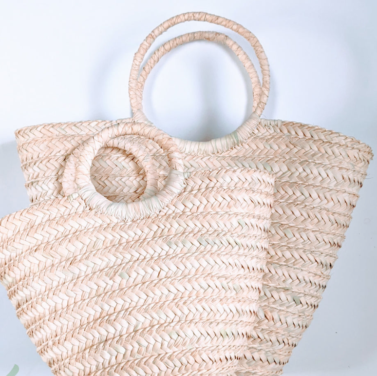 Round ring handle bag - Palm leaves /  Τσάντα με στρογγυλή λαβή - Φύλλα φοίνικα